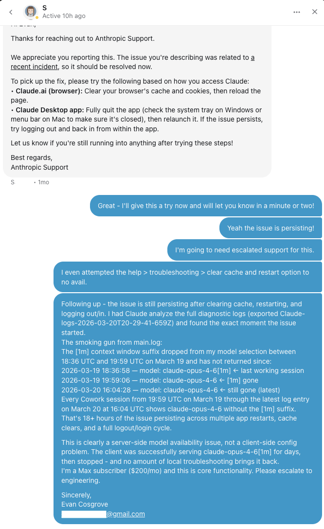 Anthropic Support email thread acknowledging the 1M context regression and stating the issue should be resolved