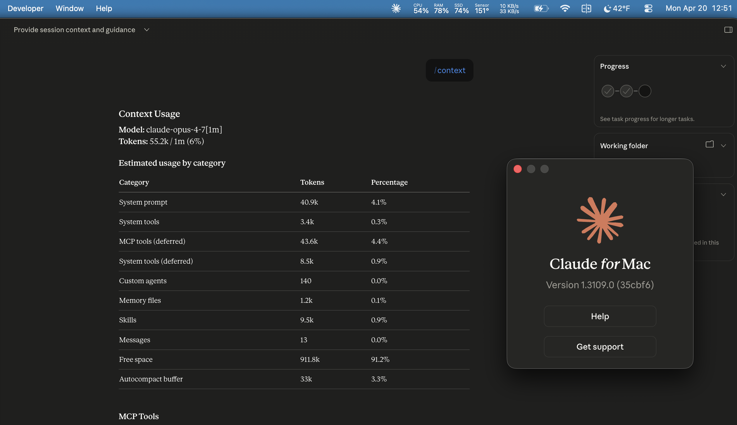 Claude Desktop v1.3109.0 showing claude-opus-4-7[1m] with 55.2k / 1m tokens in the /context view